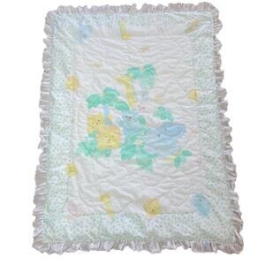 Vintage Baby Dreams Crib Comforter Quilt Blanket White Safari Green Pastel *READ